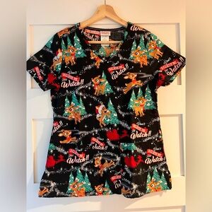 Rudolph the Red Nosed Reindeer Scrub Top Womens XS Black AOP Short Sleeve V-Neck